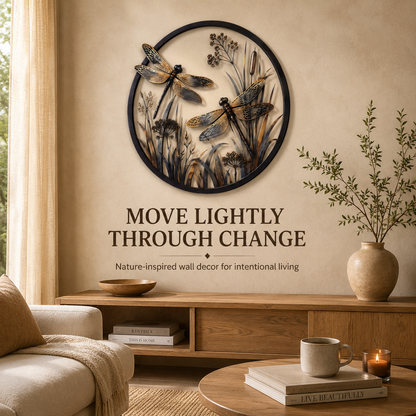 Dragonfly botanical metal wall art in a light neutral living room
