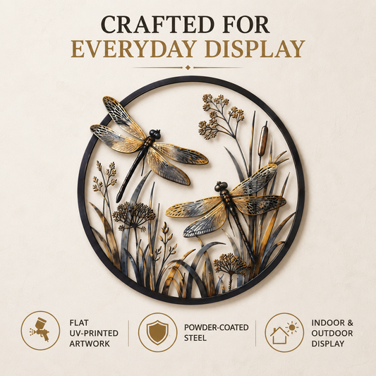 Round dragonfly botanical printed metal wall decor with powder-coated steel