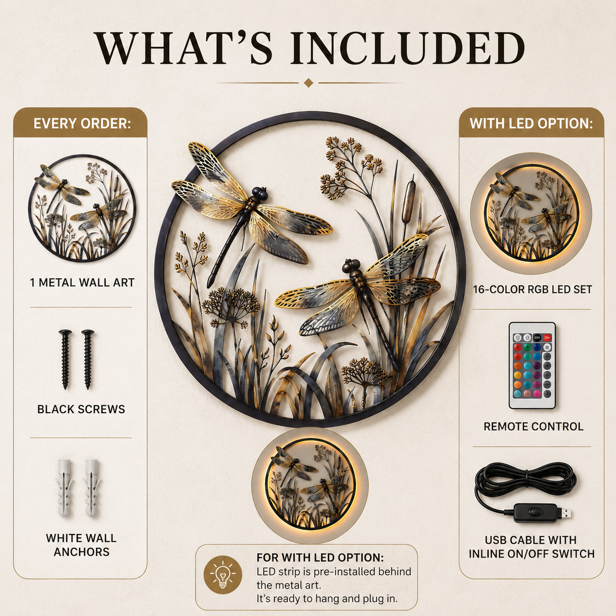 Dragonfly metal wall art package with mounting hardware and optional LED kit