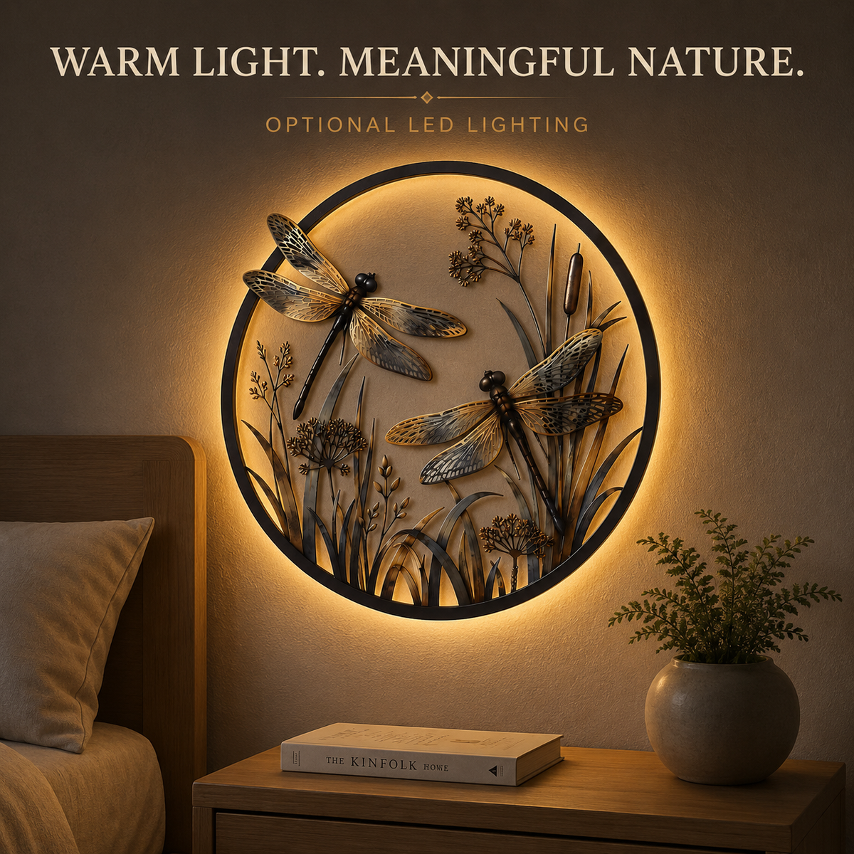 Dragonfly botanical wall art illuminated with warm LED backlighting