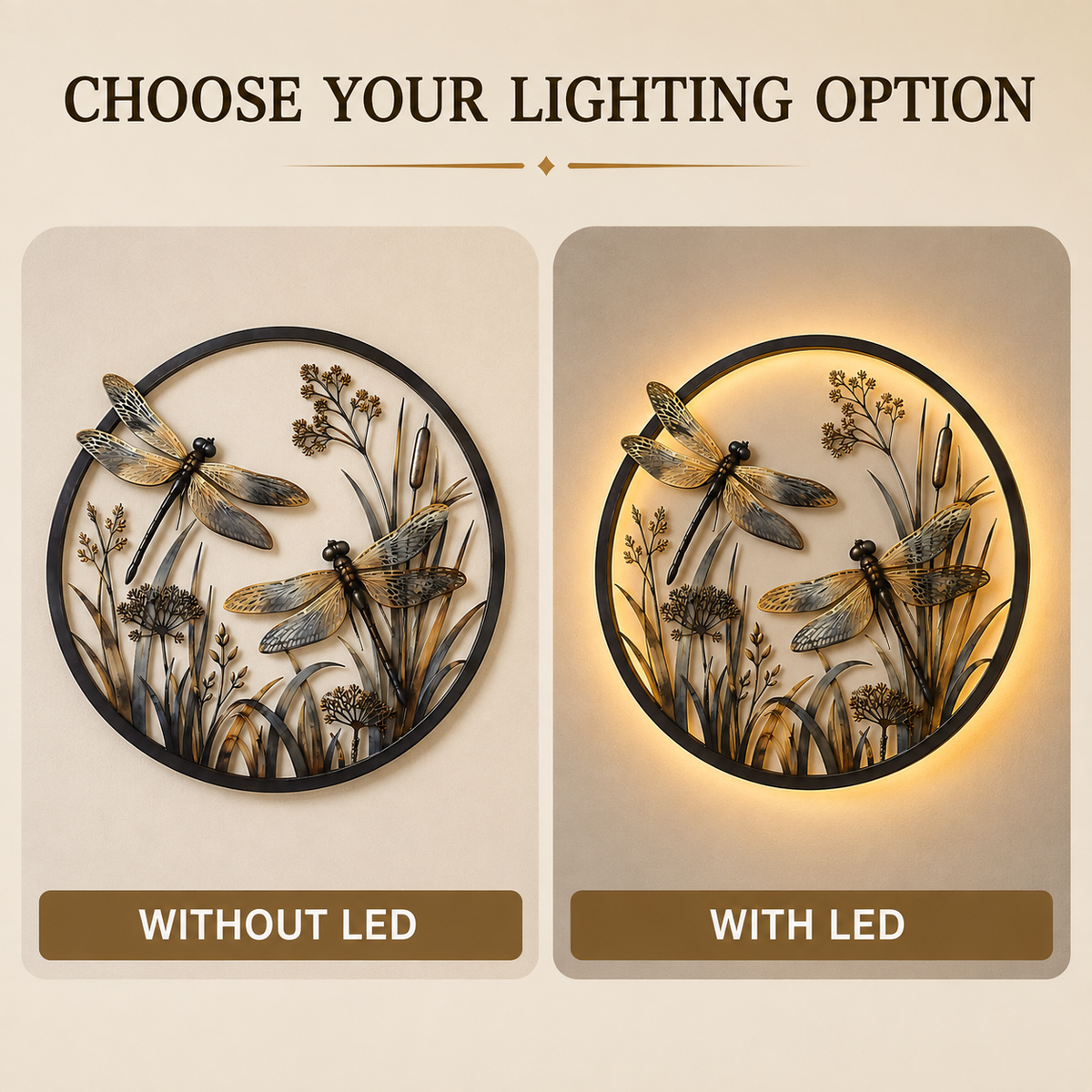 Dragonfly metal wall decor shown without LED and with warm LED lighting