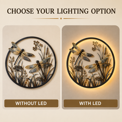 Dragonfly metal wall decor shown without LED and with warm LED lighting
