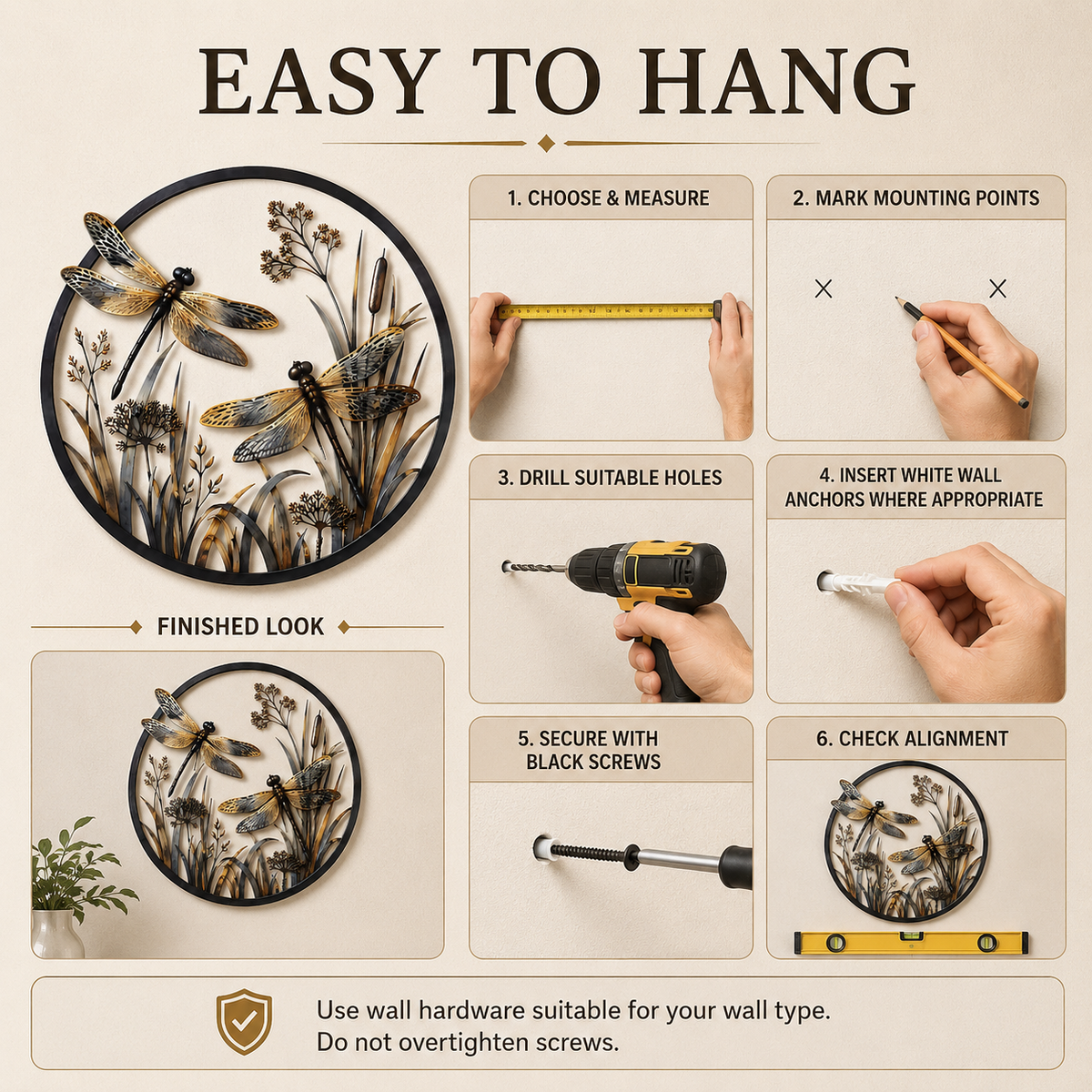 Installation steps for hanging round dragonfly metal wall art