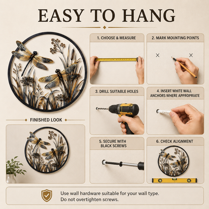 Installation steps for hanging round dragonfly metal wall art