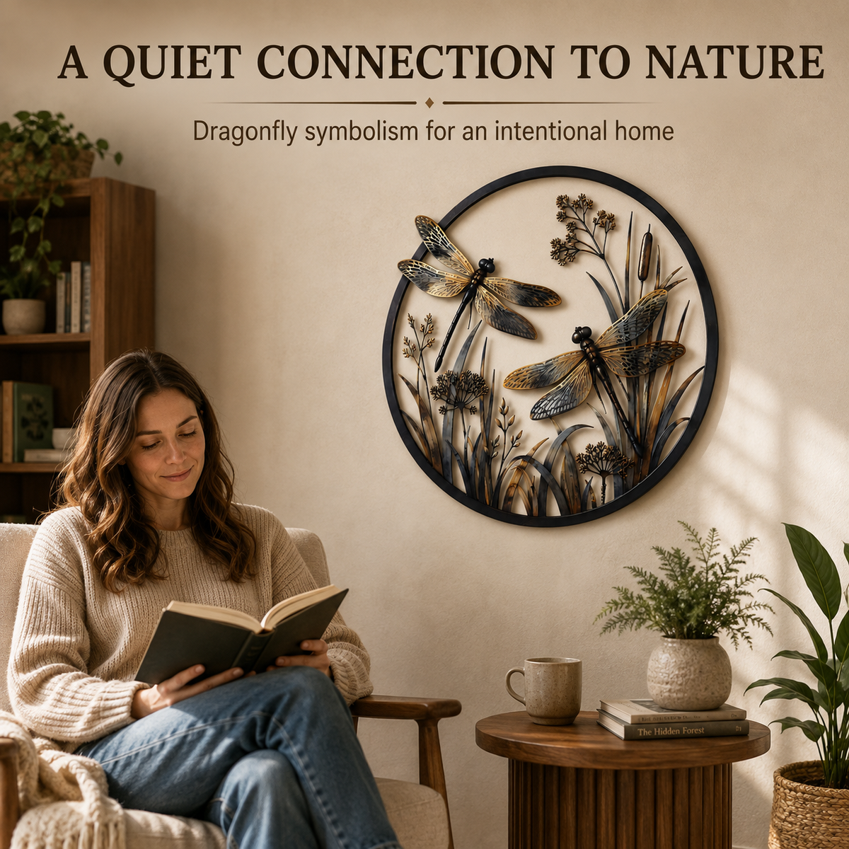 Dragonfly metal wall art in a calm reading room