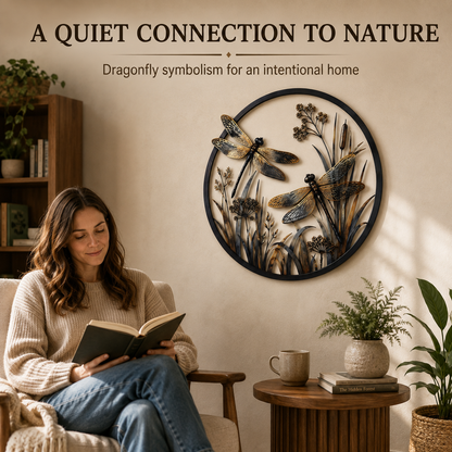 Dragonfly metal wall art in a calm reading room