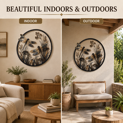 Dragonfly wall decor displayed indoors and on a covered outdoor patio