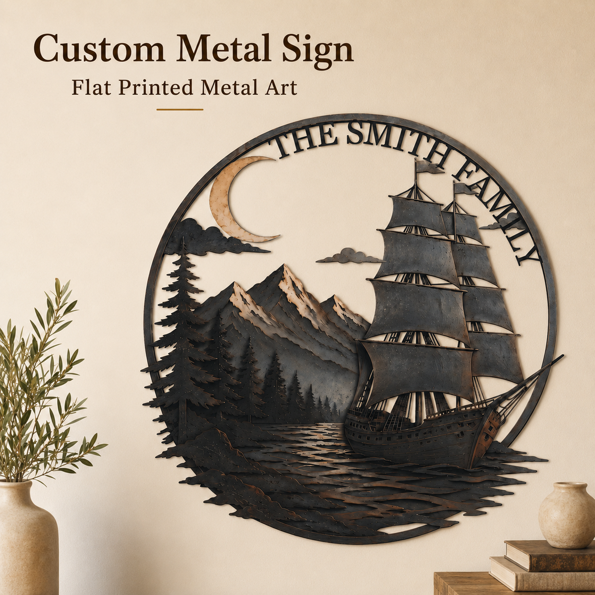 Personalized Sailboat Metal Wall Art Custom Metal Sign Moonlit Mountain Lake Decor Nautical Adventure Journey Gift With Optional LED — 1