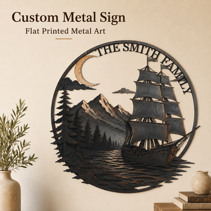 Personalized Sailboat Metal Wall Art Custom Metal Sign Moonlit Mountain Lake Decor Nautical Adventure Journey Gift With Optional LED — 1