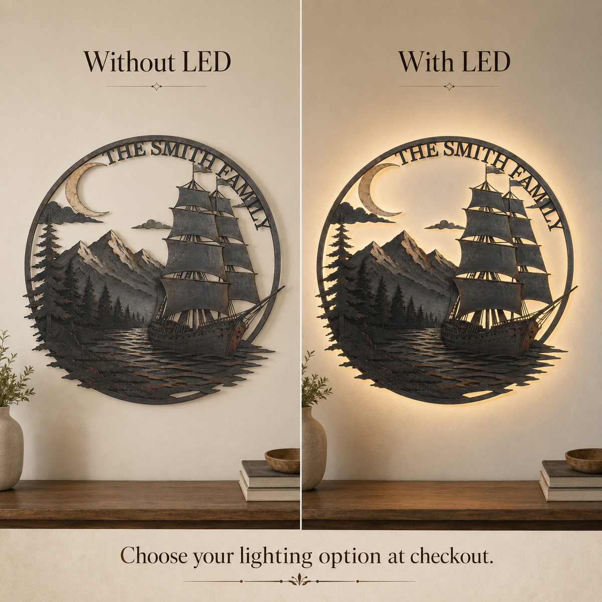 Personalized Sailboat Metal Wall Art Custom Metal Sign Moonlit Mountain Lake Decor Nautical Adventure Journey Gift With Optional LED — 11