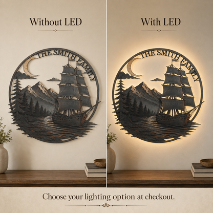 Personalized Sailboat Metal Wall Art Custom Metal Sign Moonlit Mountain Lake Decor Nautical Adventure Journey Gift With Optional LED — 11