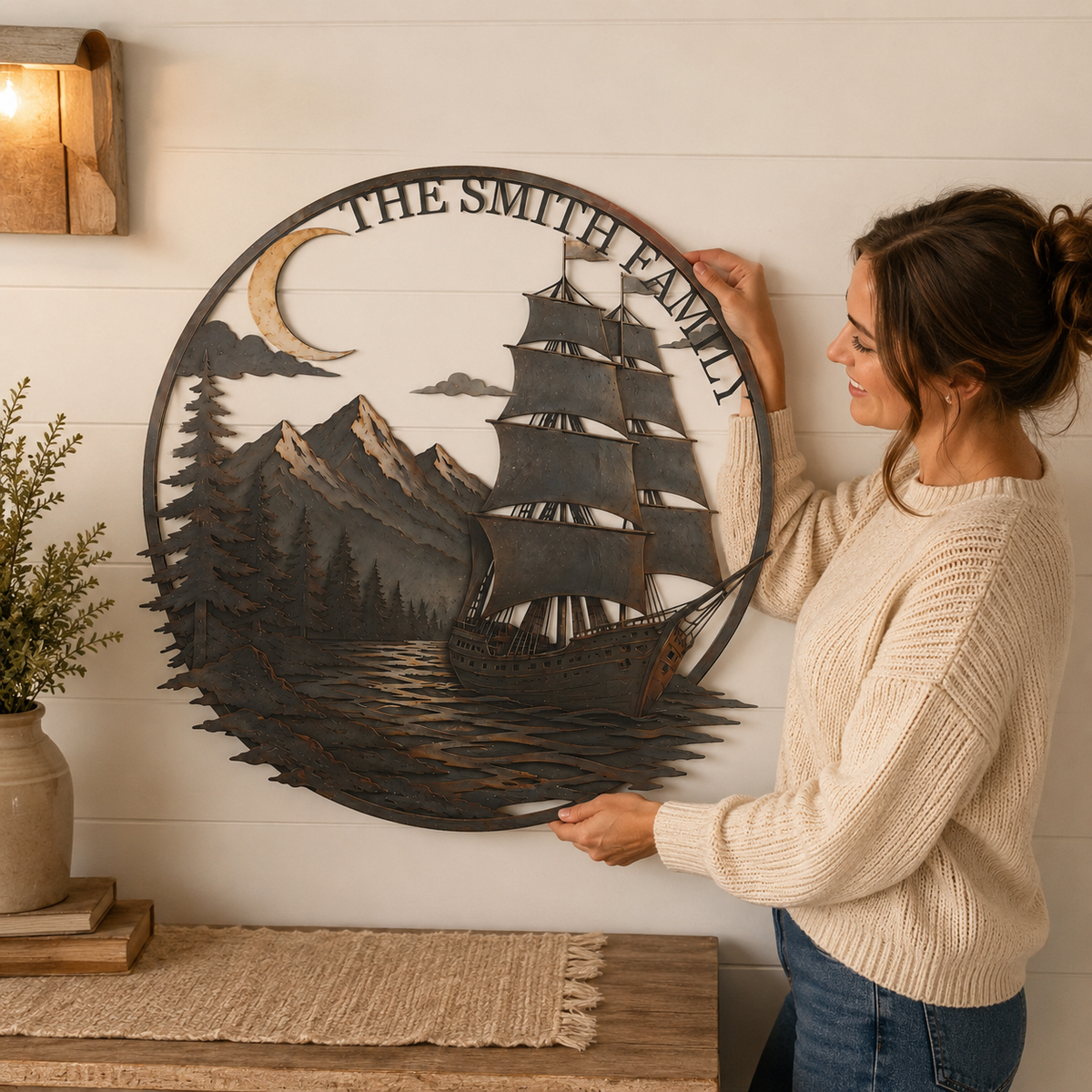 Personalized Sailboat Metal Wall Art Custom Metal Sign Moonlit Mountain Lake Decor Nautical Adventure Journey Gift With Optional LED — 14