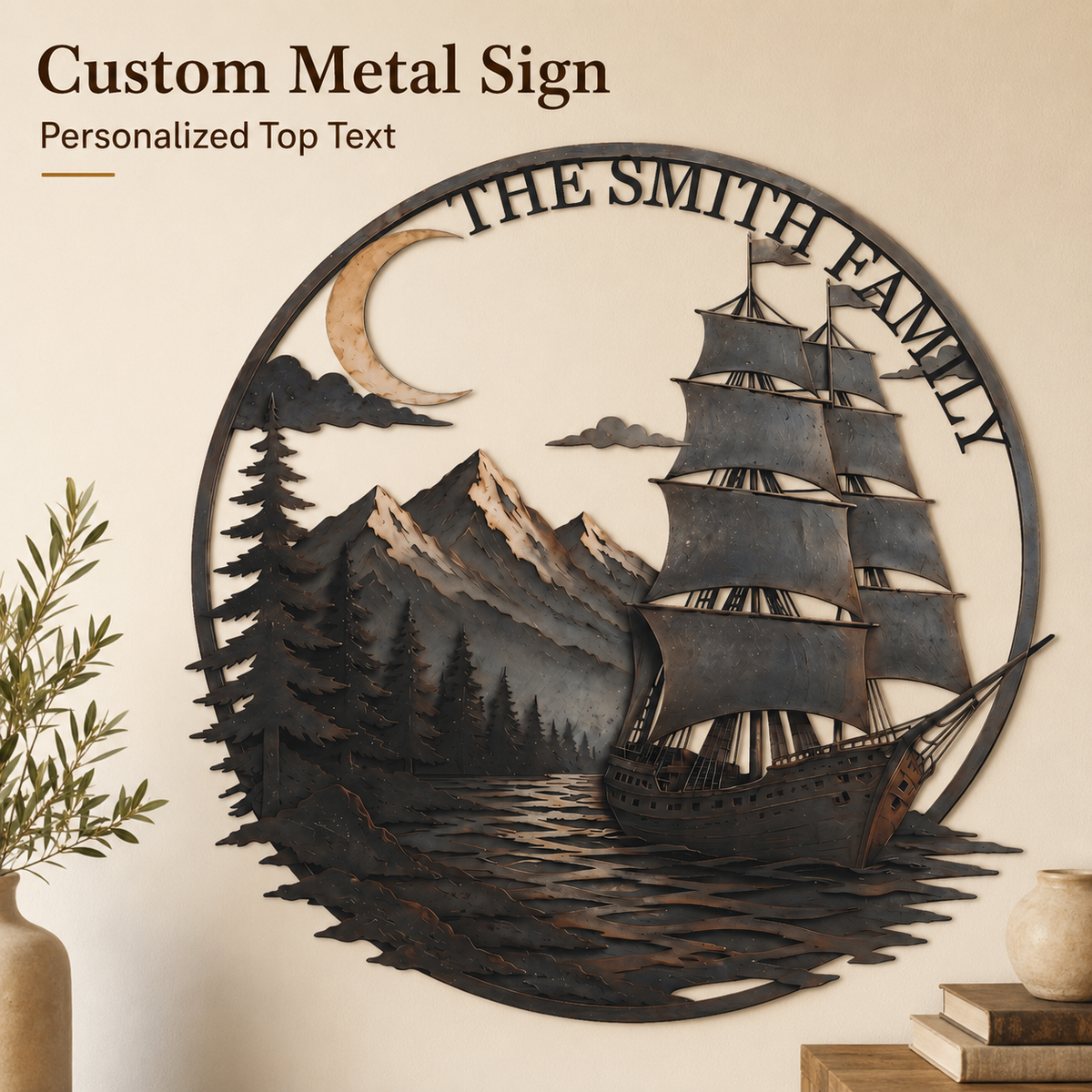Personalized Sailboat Metal Wall Art Custom Metal Sign Moonlit Mountain Lake Decor Nautical Adventure Journey Gift With Optional LED — 2