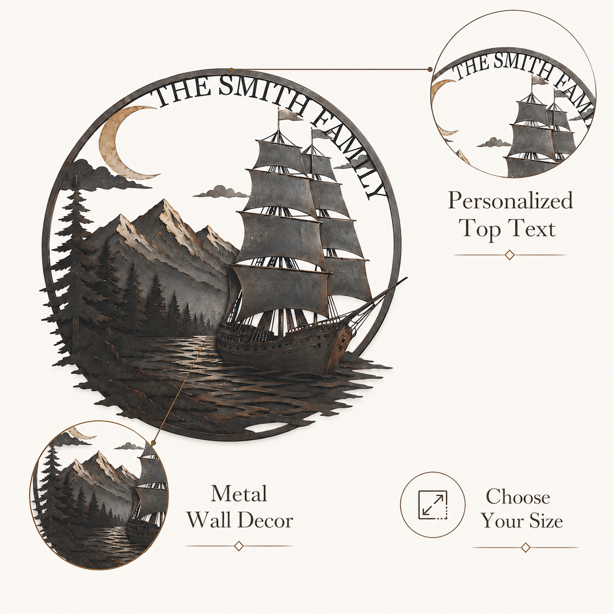 Personalized Sailboat Metal Wall Art Custom Metal Sign Moonlit Mountain Lake Decor Nautical Adventure Journey Gift With Optional LED — 3