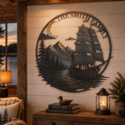 Personalized Sailboat Metal Wall Art Custom Metal Sign Moonlit Mountain Lake Decor Nautical Adventure Journey Gift With Optional LED — 4