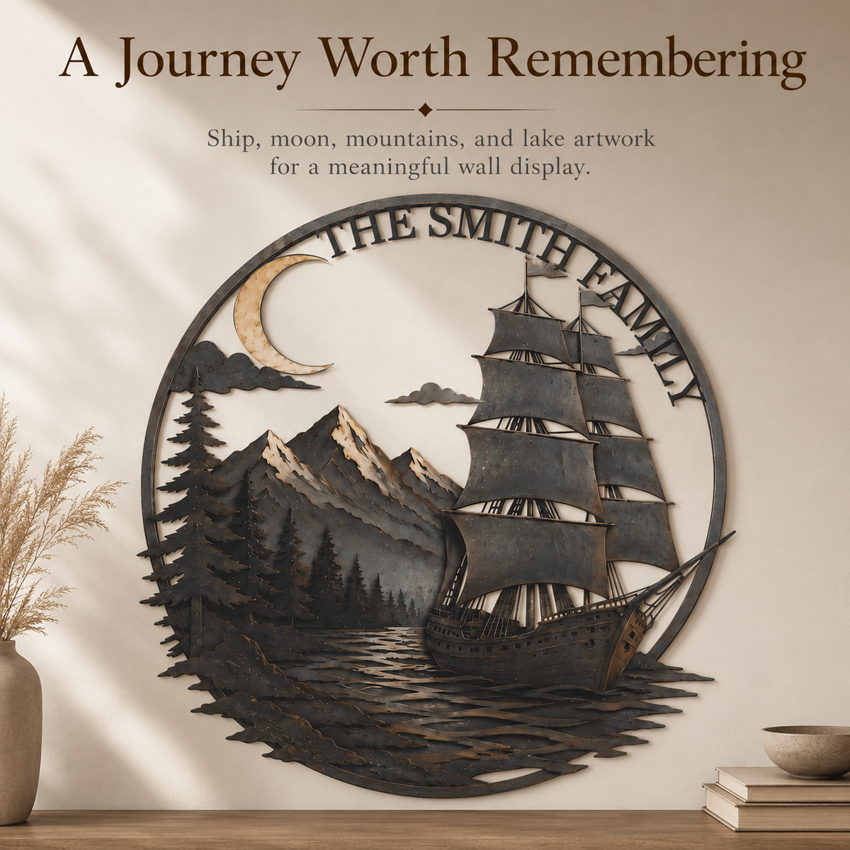Personalized Sailboat Metal Wall Art Custom Metal Sign Moonlit Mountain Lake Decor Nautical Adventure Journey Gift With Optional LED — 5