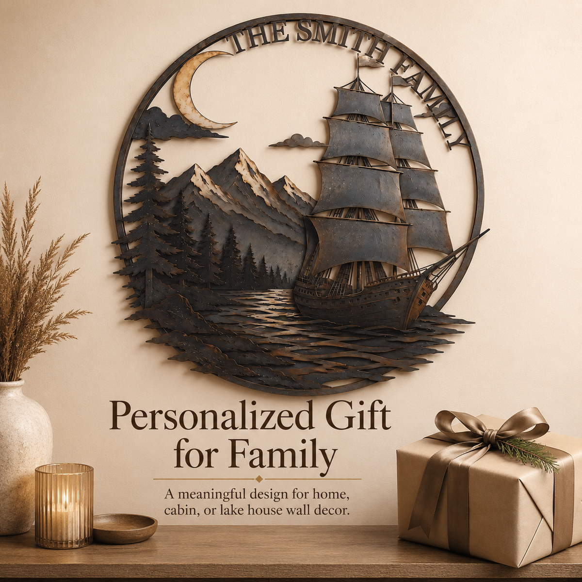 Personalized Sailboat Metal Wall Art Custom Metal Sign Moonlit Mountain Lake Decor Nautical Adventure Journey Gift With Optional LED — 7