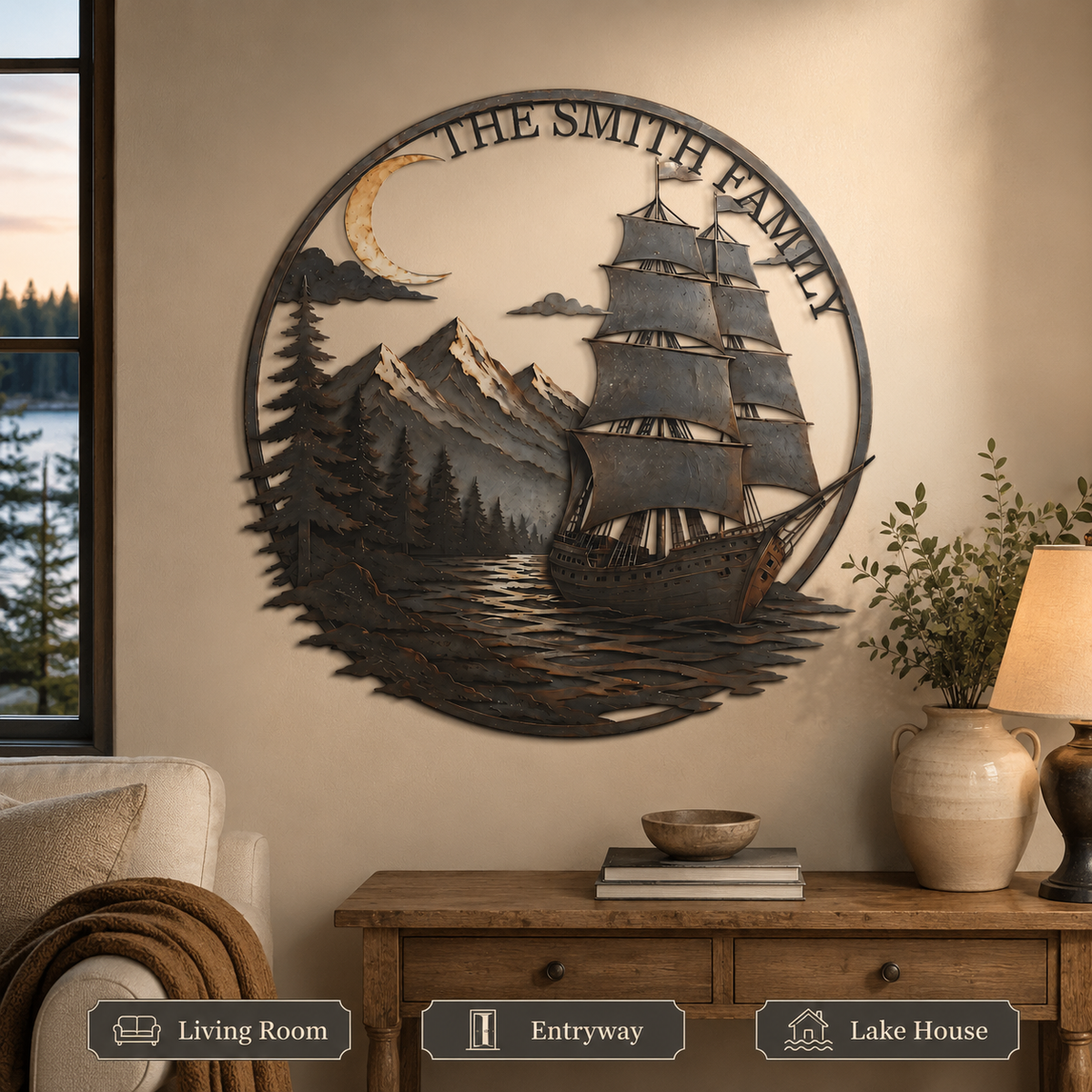 Personalized Sailboat Metal Wall Art Custom Metal Sign Moonlit Mountain Lake Decor Nautical Adventure Journey Gift With Optional LED — 8