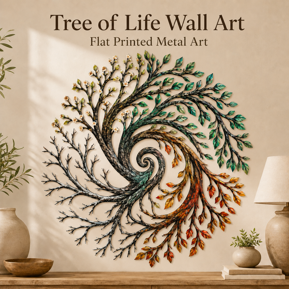 Four Seasons Tree of Life Metal Wall Art Spiral Tree Wall Decor Circular Nature Art for Living Room