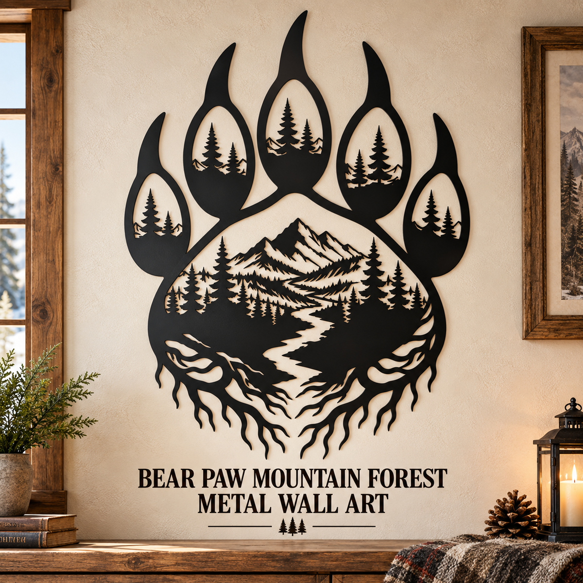 Bear paw mountain forest metal wall art displayed in a rustic cabin living room