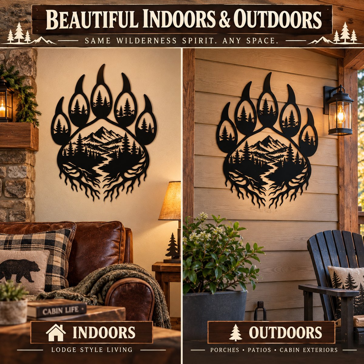 Bear paw metal wall decor displayed indoors and on a covered porch