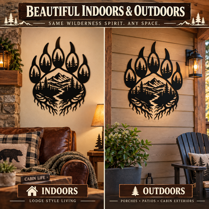 Bear paw metal wall decor displayed indoors and on a covered porch
