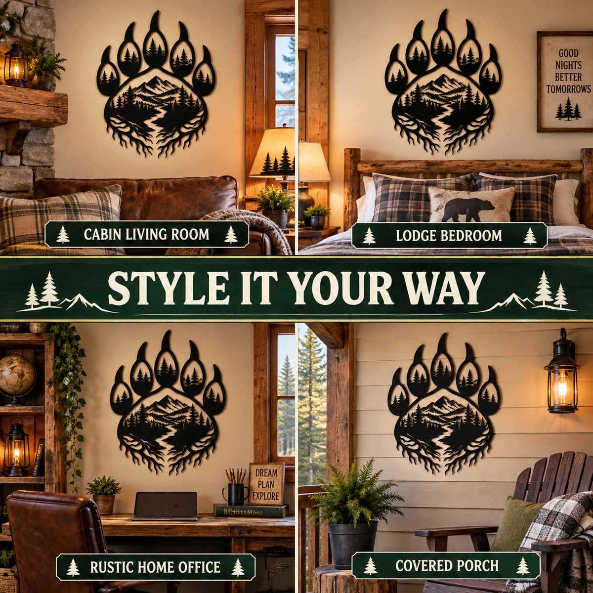 Bear paw wall art styled in four cabin and lodge spaces