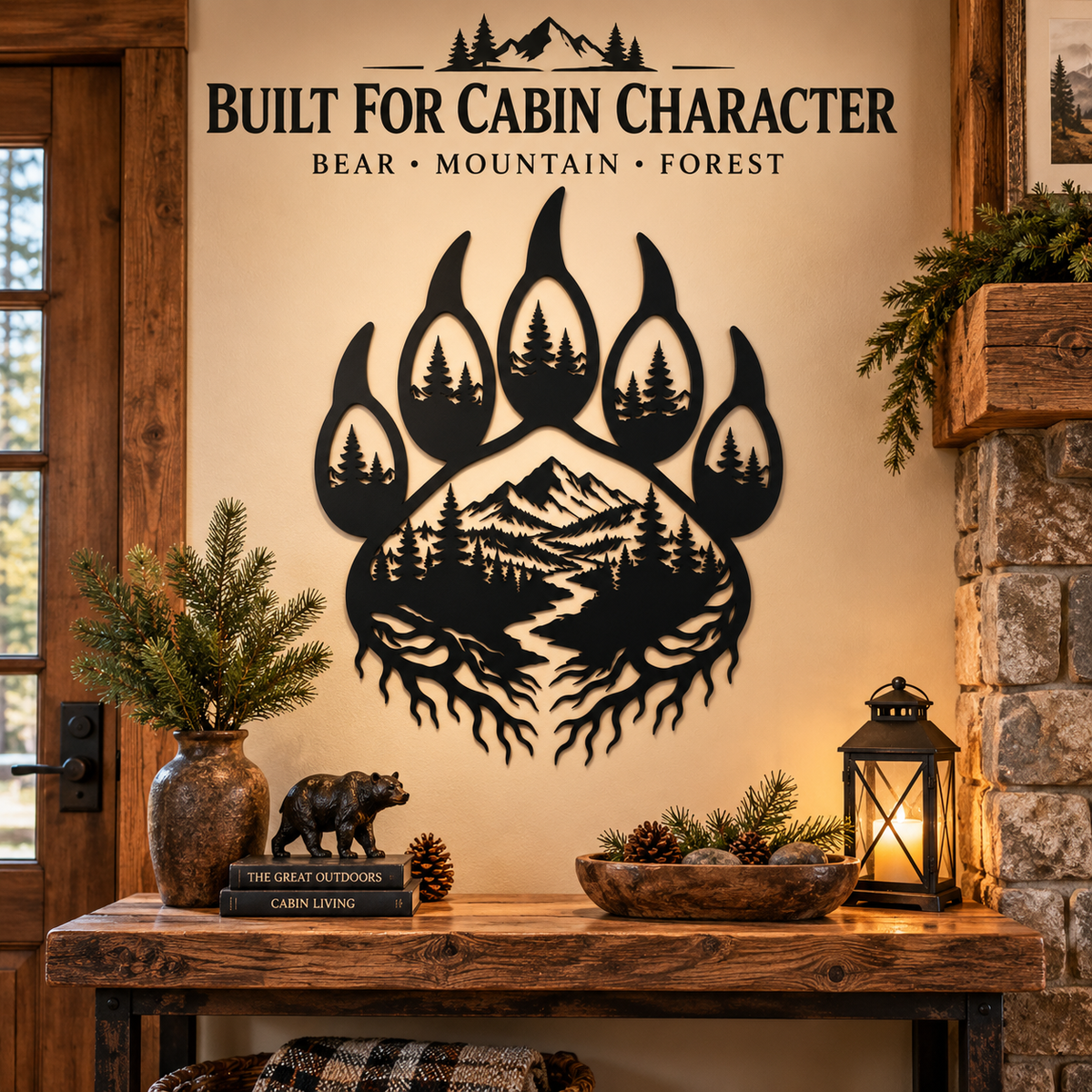 Bear paw mountain metal wall art above a rustic cabin console