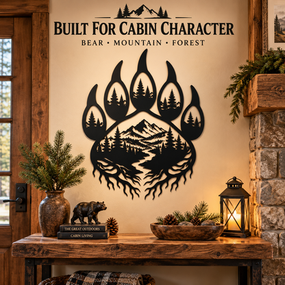 Bear paw mountain metal wall art above a rustic cabin console