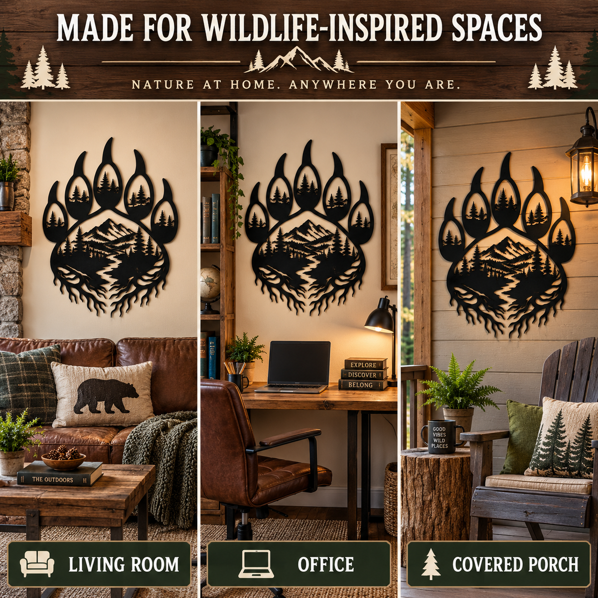 Bear paw wall decor shown in living room office and covered porch settings