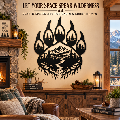 Bear paw mountain forest metal wall art in a rustic lodge interior