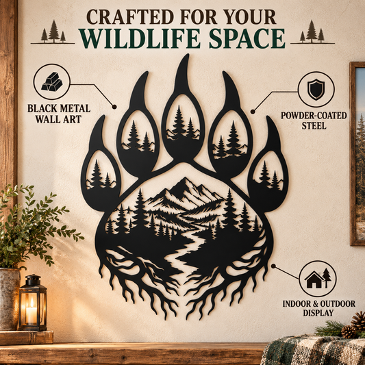 Black printed metal bear paw wall art with powder-coated steel construction