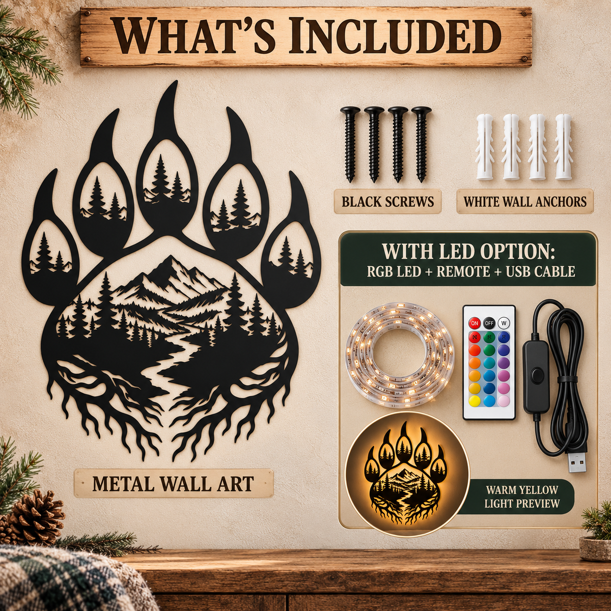 Bear paw metal wall art package with mounting hardware and optional LED kit
