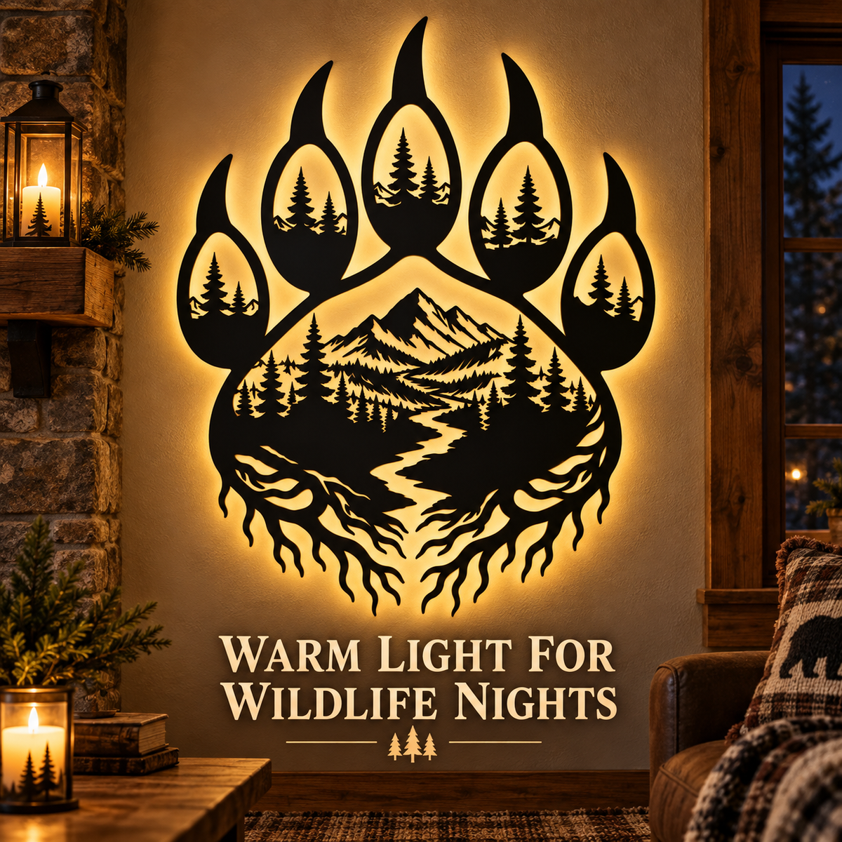 Bear paw mountain wall art illuminated with warm LED backlighting