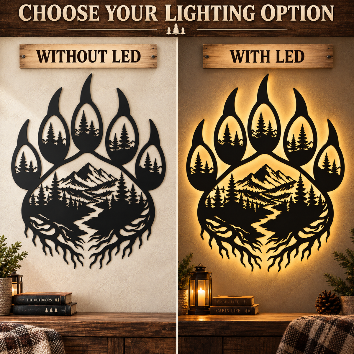 Bear paw metal wall decor shown without LED and with warm LED lighting