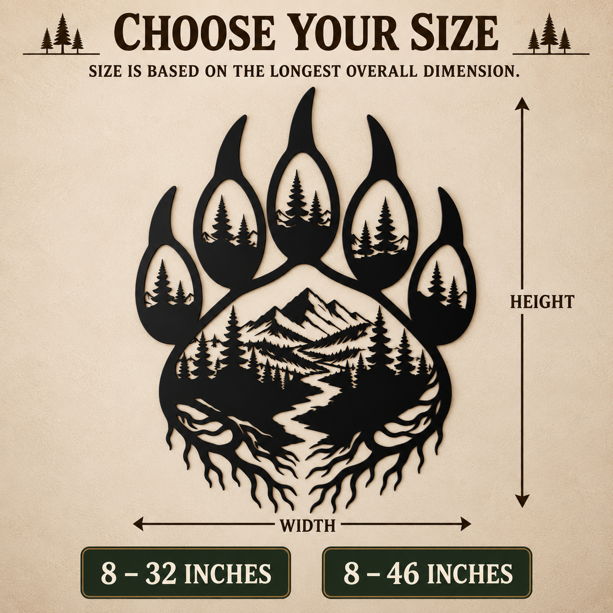 Bear paw mountain forest wall art size guide showing width and height