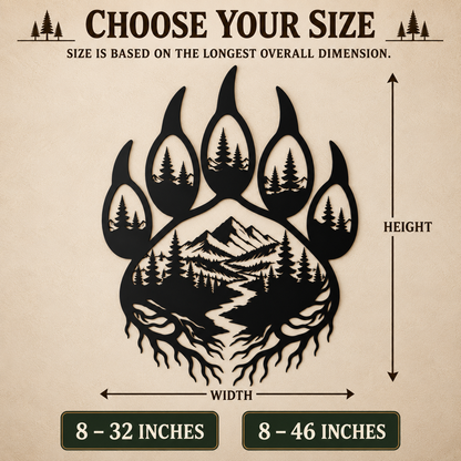 Bear paw mountain forest wall art size guide showing width and height