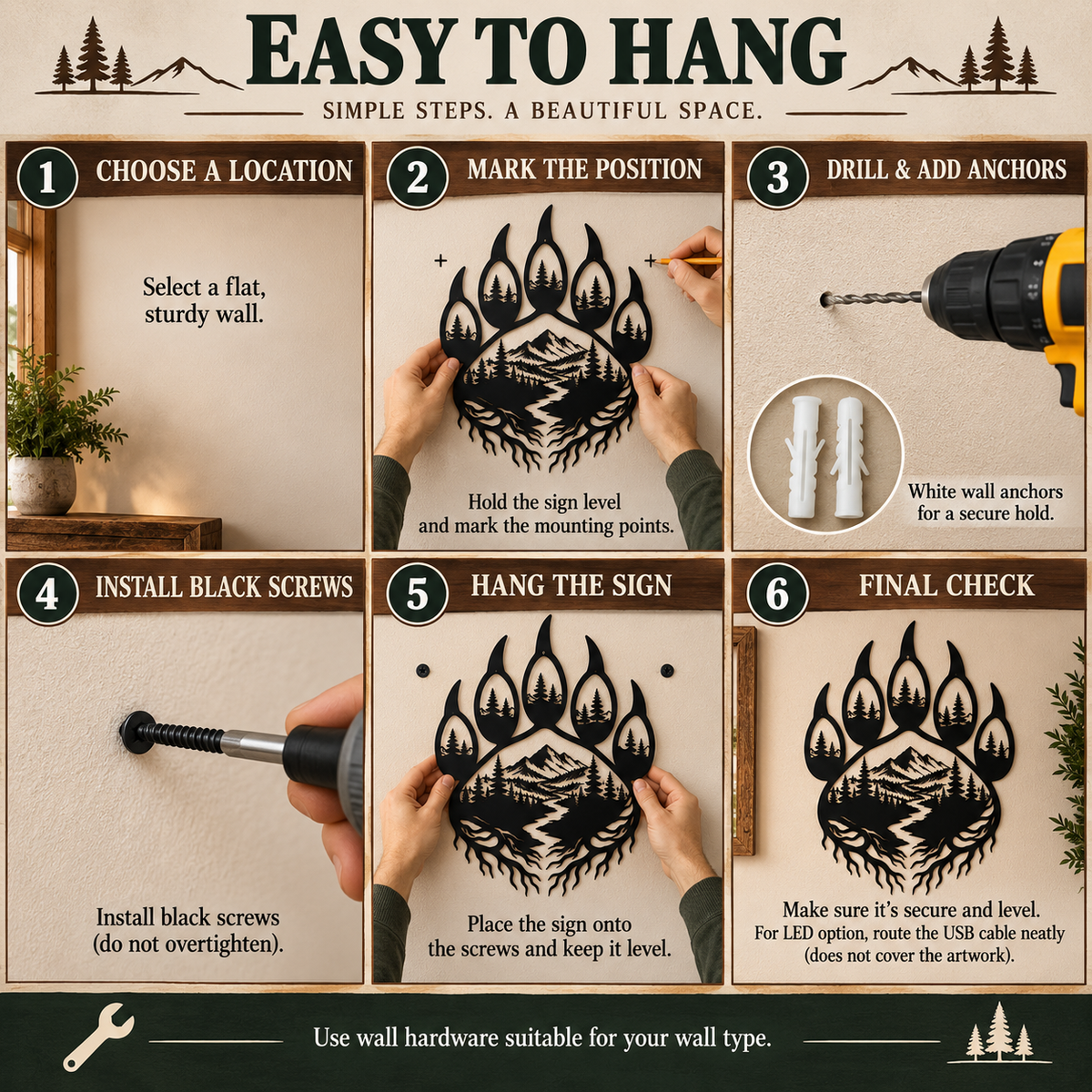 Installation steps for hanging bear paw metal wall art with wall anchors