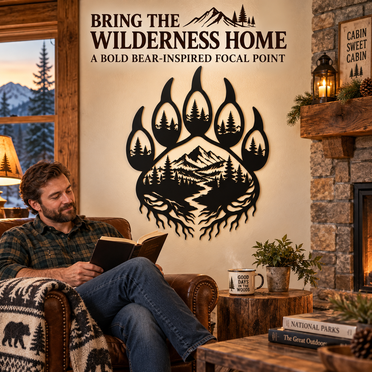 Bear paw mountain forest wall art in a cabin reading area