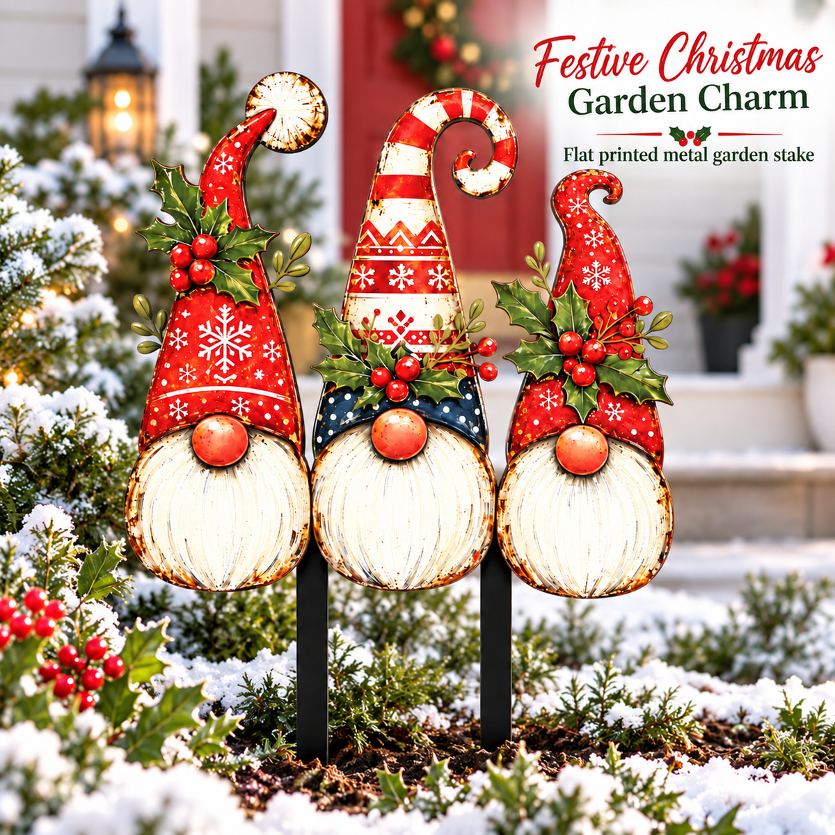 Christmas gnome trio printed metal garden stakes in a snowy front yard