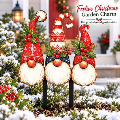 Christmas gnome trio printed metal garden stakes in a snowy front yard