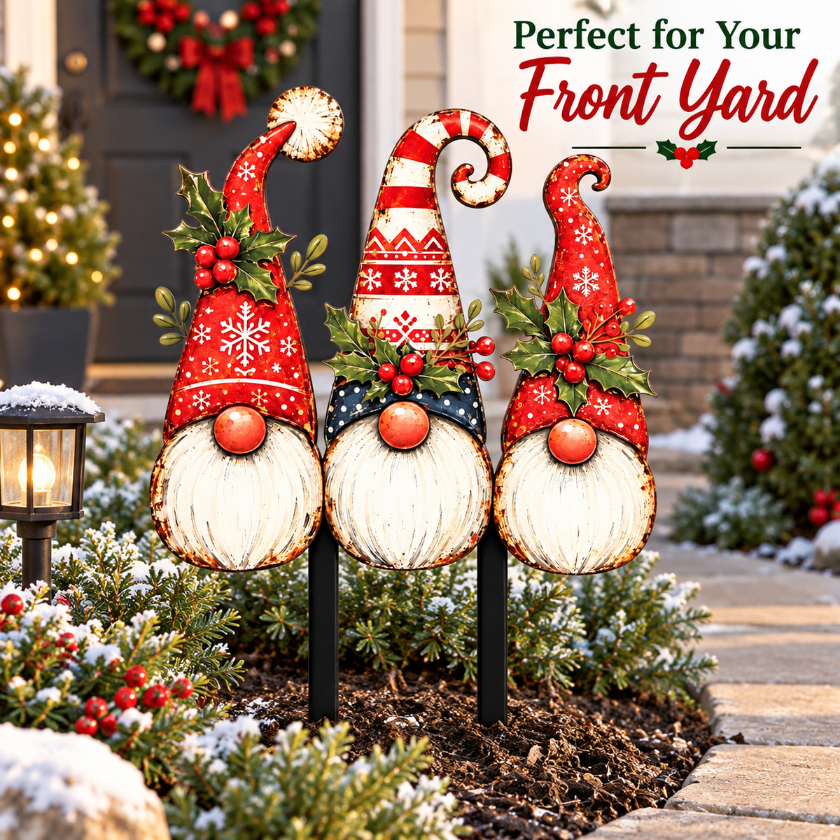 Christmas gnome garden stakes displayed in a festive front yard