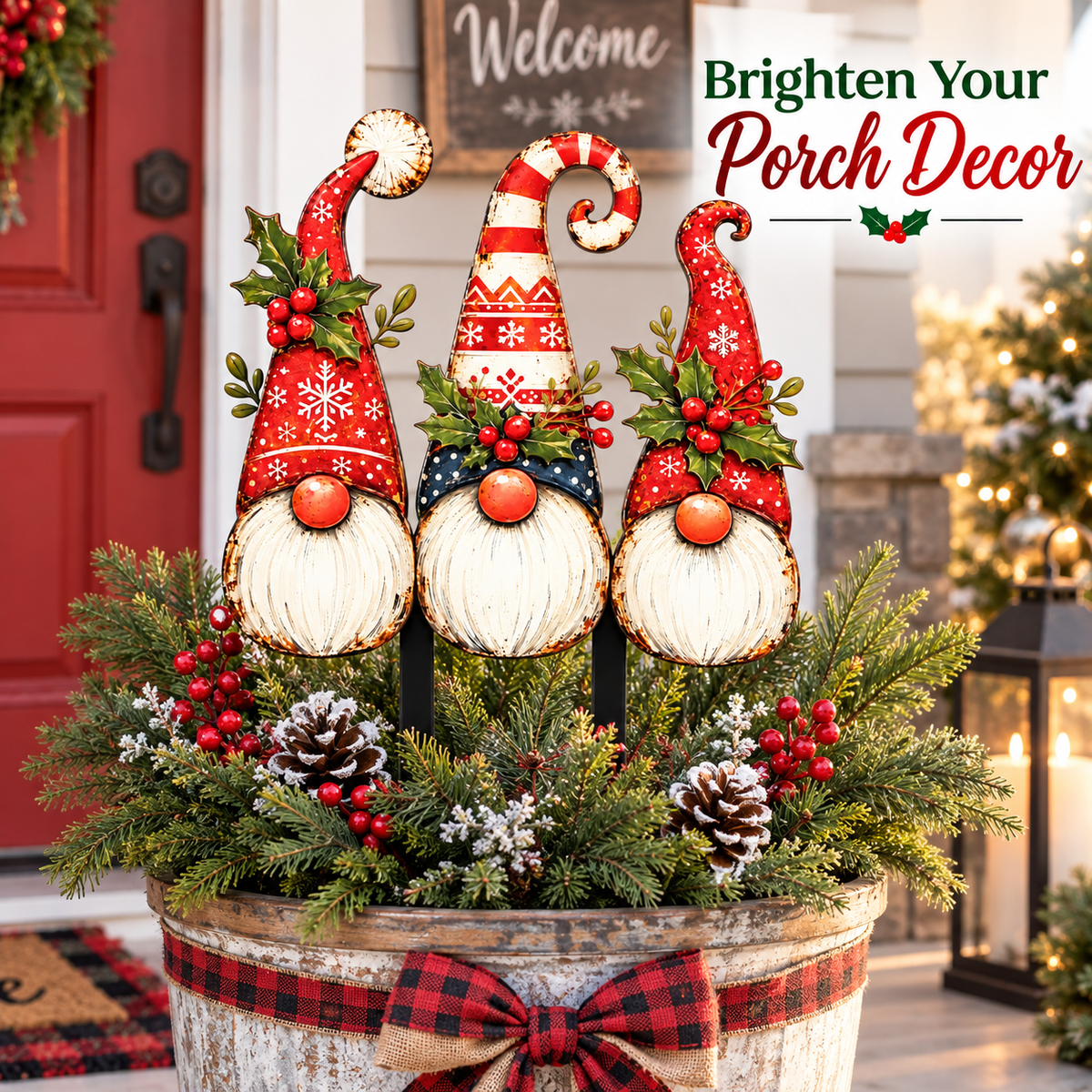 Christmas gnome metal garden stakes arranged in a porch planter