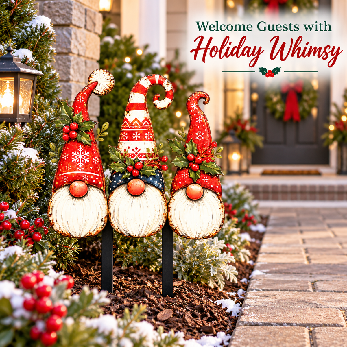 Christmas gnome garden stakes lining a holiday walkway