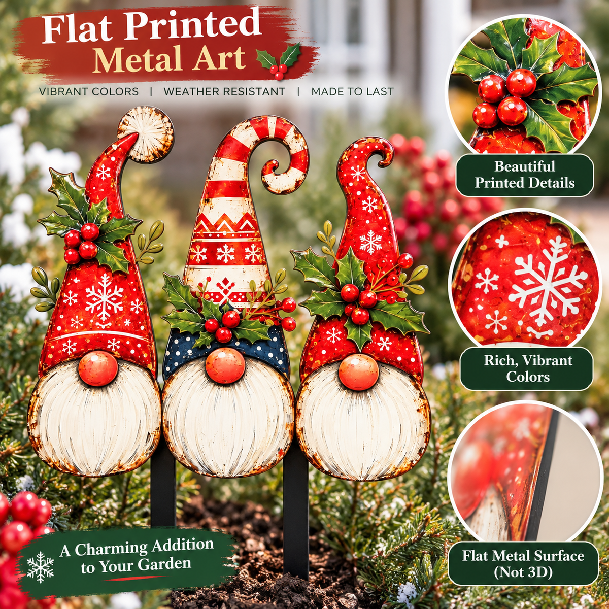 Close-up of colorful printed metal Christmas gnome garden stake details