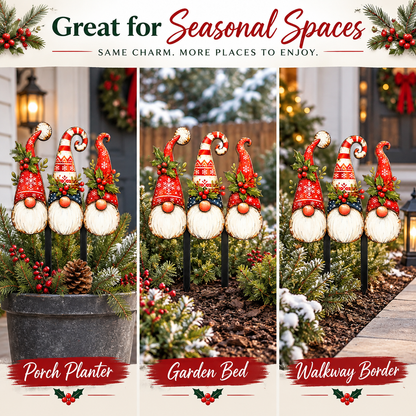 Christmas gnome garden stakes shown in planter garden bed and walkway settings