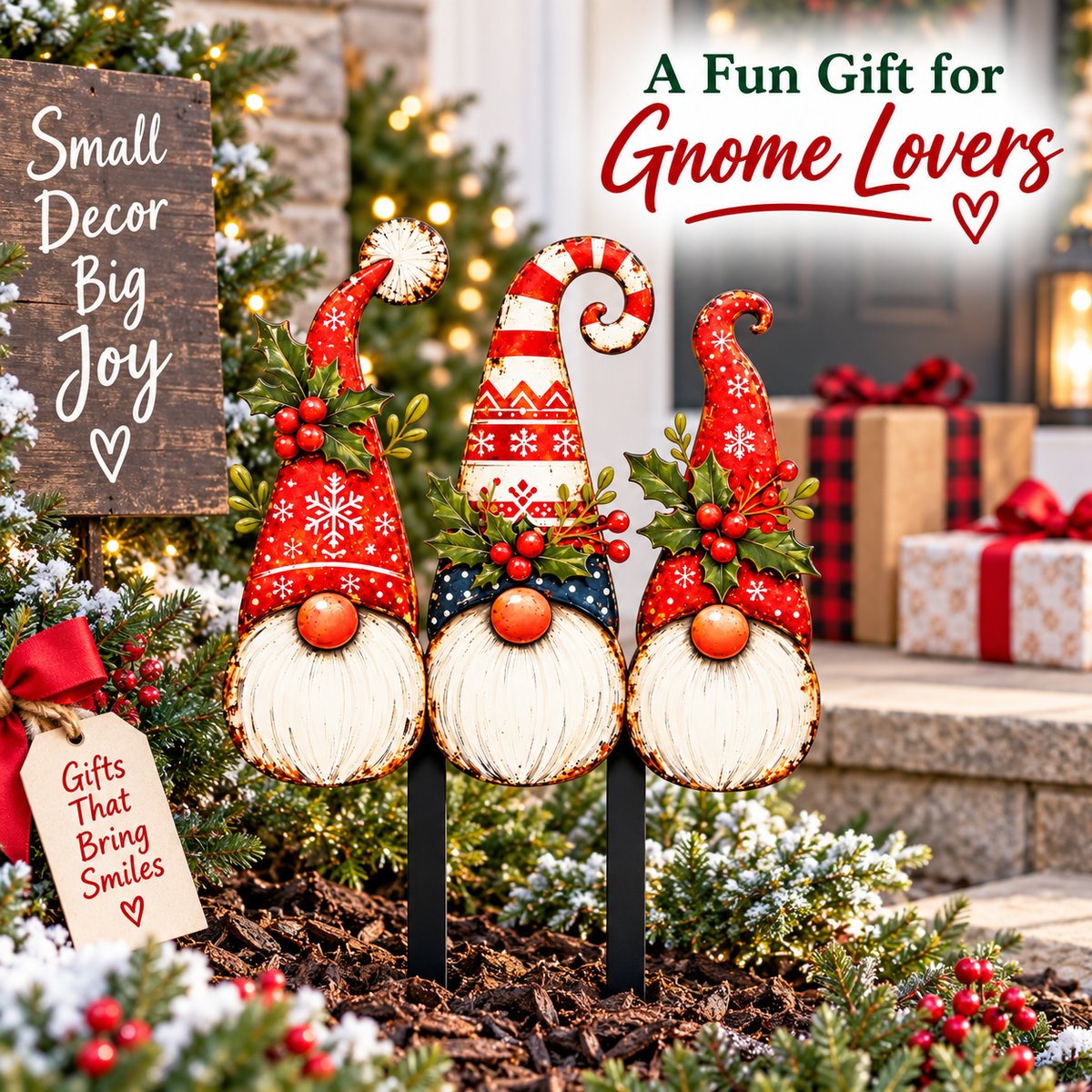 Christmas gnome garden stakes presented as a holiday gift for gnome lovers
