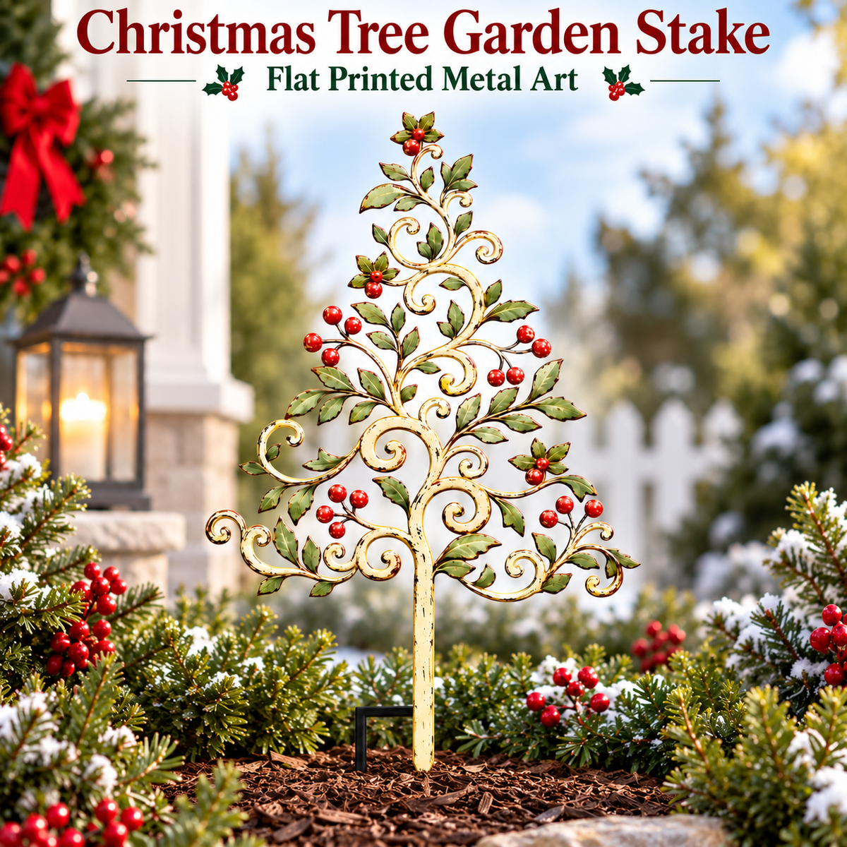 Christmas Tree Garden Stake Holly Berry Yard Art Holiday Outdoor Decor Flat Printed Metal Art — 1
