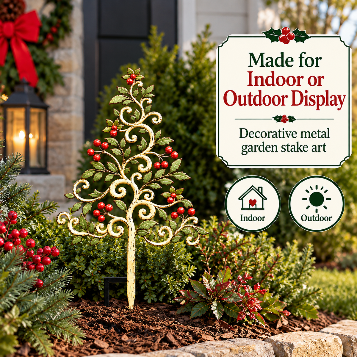 Christmas Tree Garden Stake Holly Berry Yard Art Holiday Outdoor Decor Flat Printed Metal Art — 11
