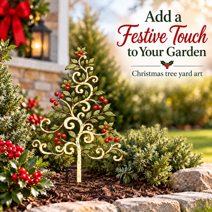 Christmas Tree Garden Stake Holly Berry Yard Art Holiday Outdoor Decor Flat Printed Metal Art — 12